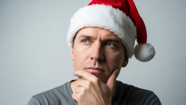 A man wearing a Santa hat, pondering with a thoughtful expression.