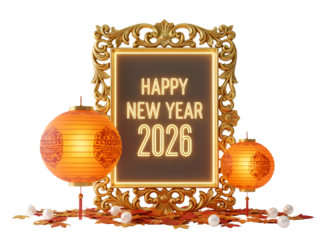 Happy New Year 2026 Golden Frame & Festive Lanterns. Elegant Celebration Greeting Design on white background