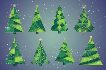 Obraz premium Geometric green Christmas Tree Illustrations. Set of Abstract Christmas Tree Illustrations. Geometric Christmas Trees with Decorative Patterns.