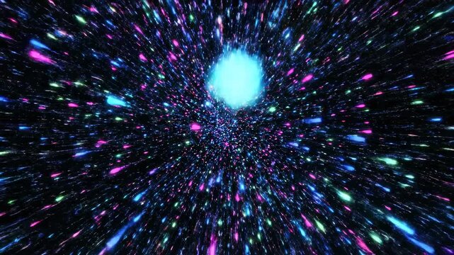 Abstract glowing neon particles dissolve and scatter rapidly across a black background, creating a seamless high-tech energy transition science, light effect, visual effect