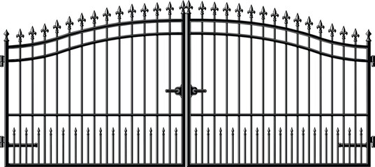 Black Wrought Iron Gate Vector Illustration, Ornate Arched Metal Fence Entrance with Fleur-de-lis Spikes, Security Barrier Artwork.