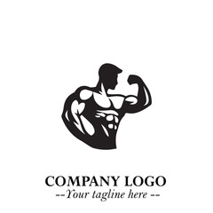 Fototapeta premium Man With Muscle Logo Symbol in Black on White Background for Strong Bold Fitness Branding Design Art