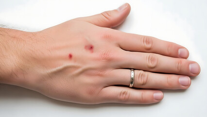 Fototapeta premium Male Hand with Red Insect Bites on White Background
