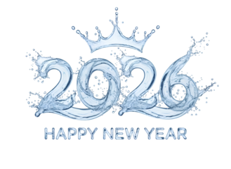 Happy New Year 2026 Water Splash Numbers Crown Design - Modern Festive Celebration Greeting on white background