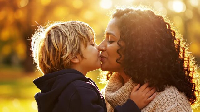 Mother and young son sharing a tender kiss outdoors during golden hour with warm sunlight backlighting their profiles in autumn park setting