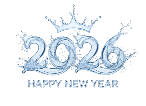 Happy New Year 2026 Water Splash Numbers Crown Design - Modern Festive Celebration Greeting on white background