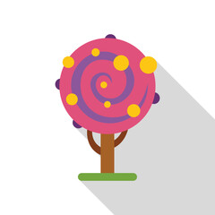 Naklejka premium Pink lollipop tree with spiral and yellow spots growing on grass in a fantasy world