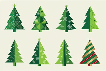 Obraz premium Geometric green Christmas Tree Illustrations. Set of Abstract Christmas Tree Illustrations. Geometric Christmas Trees with Decorative Patterns.