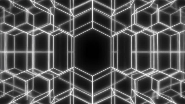 Abstract seamless geometric white line pattern pulsating in a continuous rhythmic loop on a dark background graphics, sync, motion