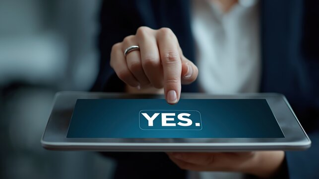 Businesswoman Touching Tablet Confirming Yes Decision