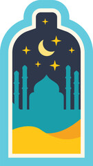 Stylized mosque silhouette at night with crescent moon, stars, and desert landscape, viewed through a decorative window frame