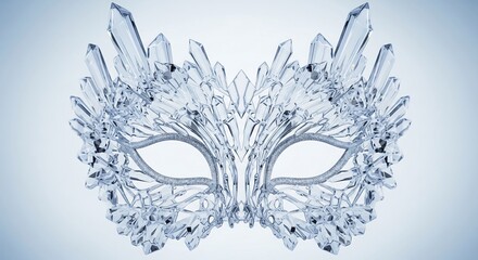 A transparent ice-like masquerade mask sculpted from acrylic to resemble frozen crystals, isolated on a light blue background.