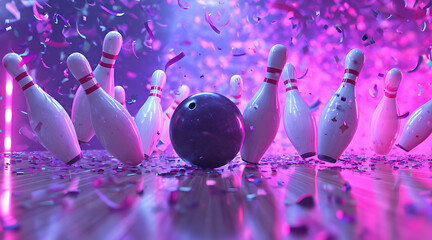 A bowling ball rolling down the lane hitting pins