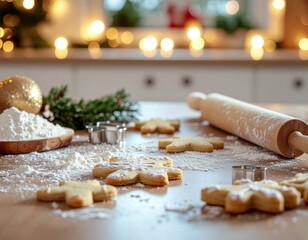 Close-up of kitchen counter with flour, rolling pin, and holiday cutout cookies