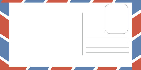 blank postcard template with place for stamp. white paper texture. airmail postcard with red and blue border