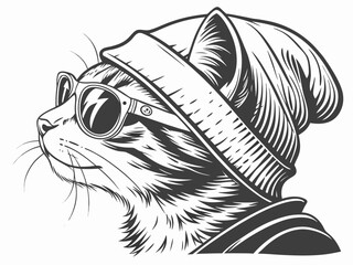 Trendy feline friend rocking sunglasses and a beanie, a cool cat illustration for posters, apparel, and unique designs, originally a scalable graphic
