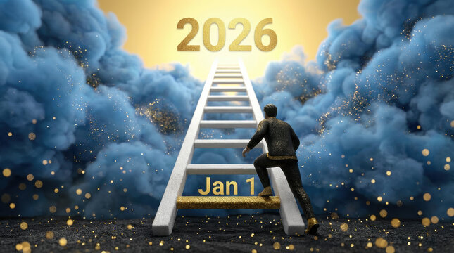 Man climbing a white ladder towards golden 2026 numbers in blue clouds. Inspirational New Year concept with Jan 1 text, representing success, goals, and progress. Digital illustration.

