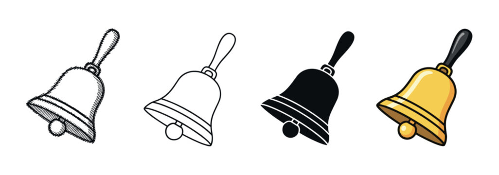 Four handbell icons in different styles including sketch, outline, silhouette, and color cartoon vector illustrations