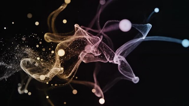 Abstract slow motion movement of translucent ethereal light particles gracefully floating across a deep black background looping, particles, mystery