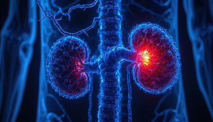 Detailed kidney anatomy with vibrant glowing effect highlighting potential issues, perfect for medical presentations and educational materials about kidney health