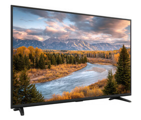 Modern television displaying stunning autumn landscape with mountains and river view isolated on a transparent background