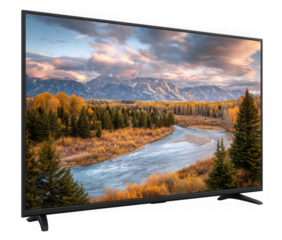 Modern television displaying stunning autumn landscape with mountains and river view isolated on a transparent background