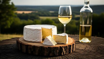 Delicious brie cheese with wine on a wooden serving board outdoors