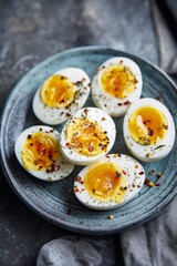 Perfectly cooked soft-boiled egg halves with runny yolks, seasoned with chili flakes, black pepper and rosemary for a healthy breakfast on a dark plate