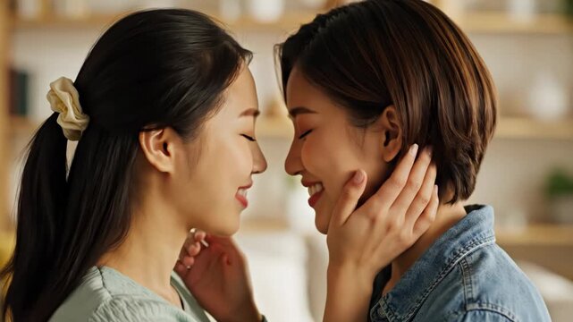 Two young asian lesbian women sharing an intimate, tender kiss while embracing each other in a softly lit indoor setting, expressing love and affection