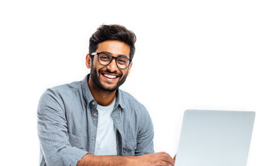 Happy young entrepreneur with laptop ready to tackle business challenges today now isolated on a transparent background
