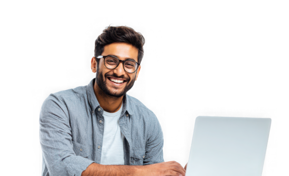 Happy young entrepreneur with laptop ready to tackle business challenges today now isolated on a transparent background