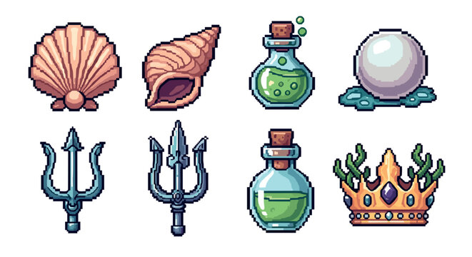 Pixel art collection of underwater fantasy items featuring a seashell, trident, pearl, crown, and magic potion, a retro 8-bit game asset set isolated on white