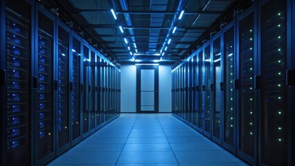A modern data center corridor featuring rows of server racks illuminated by blue LED lights, showcasing advanced technology and infrastructure.
