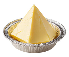 Fresh butter pyramid in foil cup ready for baking recipes and culinary creations now isolated on a transparent background