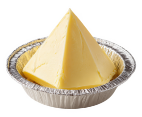 Fresh butter pyramid in foil cup ready for baking recipes and culinary creations now isolated on a transparent background