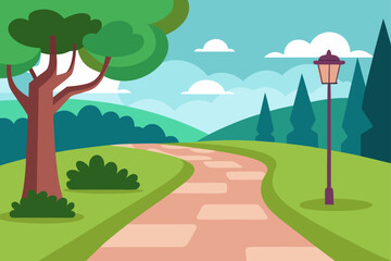 Obraz premium Stylized park path with tree and lamppost under a cloudy sky