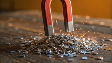 A close-up of a strong magnet attracting metal shavings, with sparks flying, highlighting the power of magnetism in action.