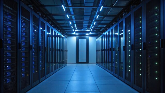 A modern data center corridor featuring rows of server racks illuminated by blue LED lights, showcasing advanced technology and infrastructure.