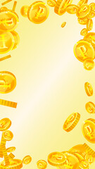 Russian ruble coins falling. Scattered gold RUB
