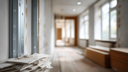 Obraz premium Construction project featuring plasterboard drywall installation process faceless gypsum walls work progress defocused apartment renovation background undergoing various remodel