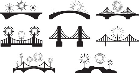 Assortment of bridge and firework silhouette icons for festive cityscapes Keywords: bridge, bridges, structure, architecture, firework, fireworks, explosion, celebration, event, festival, holiday