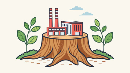 Deforestation Impact Depicted as a Tree Stump Transformed into Factory