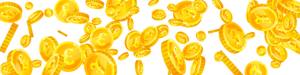 British pound coins falling. Scattered gold GBP