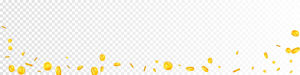 Indian rupee coins falling. Scattered gold INR