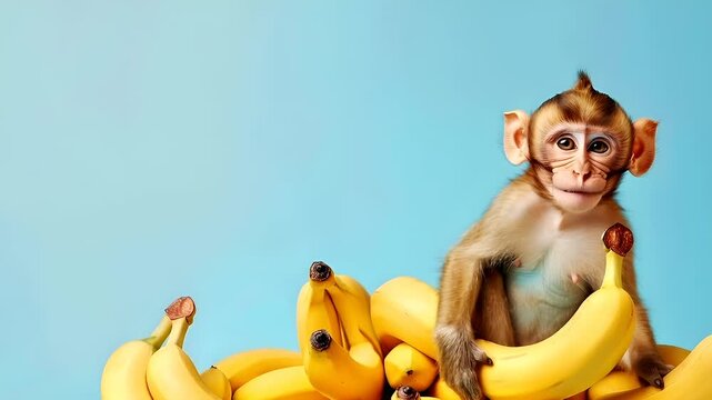 A closeup of a monkey sitting amidst a bunch of bananas. The monkeys fur is a light brown, and its eyes are wide open, giving it an inquisitive look. The bananas are a bright yellow.