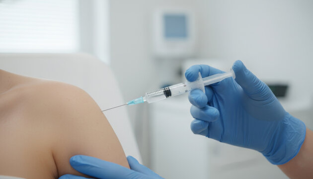Healthcare professional wearing blue gloves injecting vaccine into patient arm