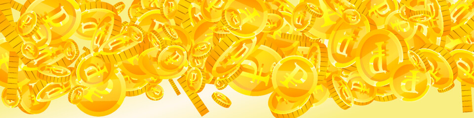 Russian ruble coins falling. Scattered gold RUB