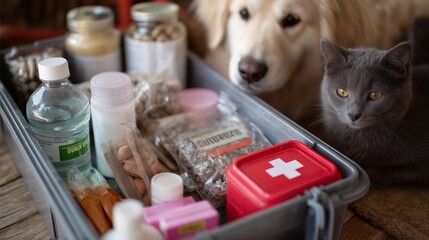 Pet care essentials and medicine organized in a storage container with a dog and cat nearby