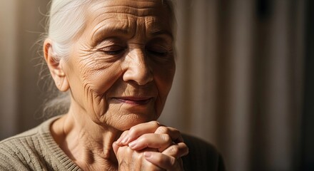 Elderly woman praying with closed eyes in dimly lit room