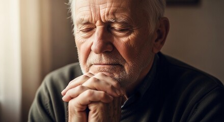 Elderly man praying quietly with closed eyes at home in natural light